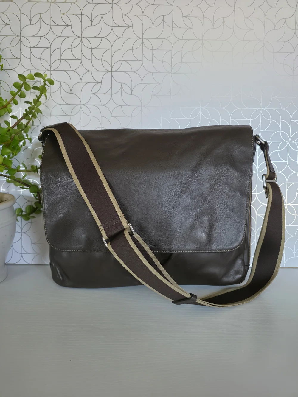 Coach Dark Brown Leather Messenger Bag with Striped Adjustable Strap